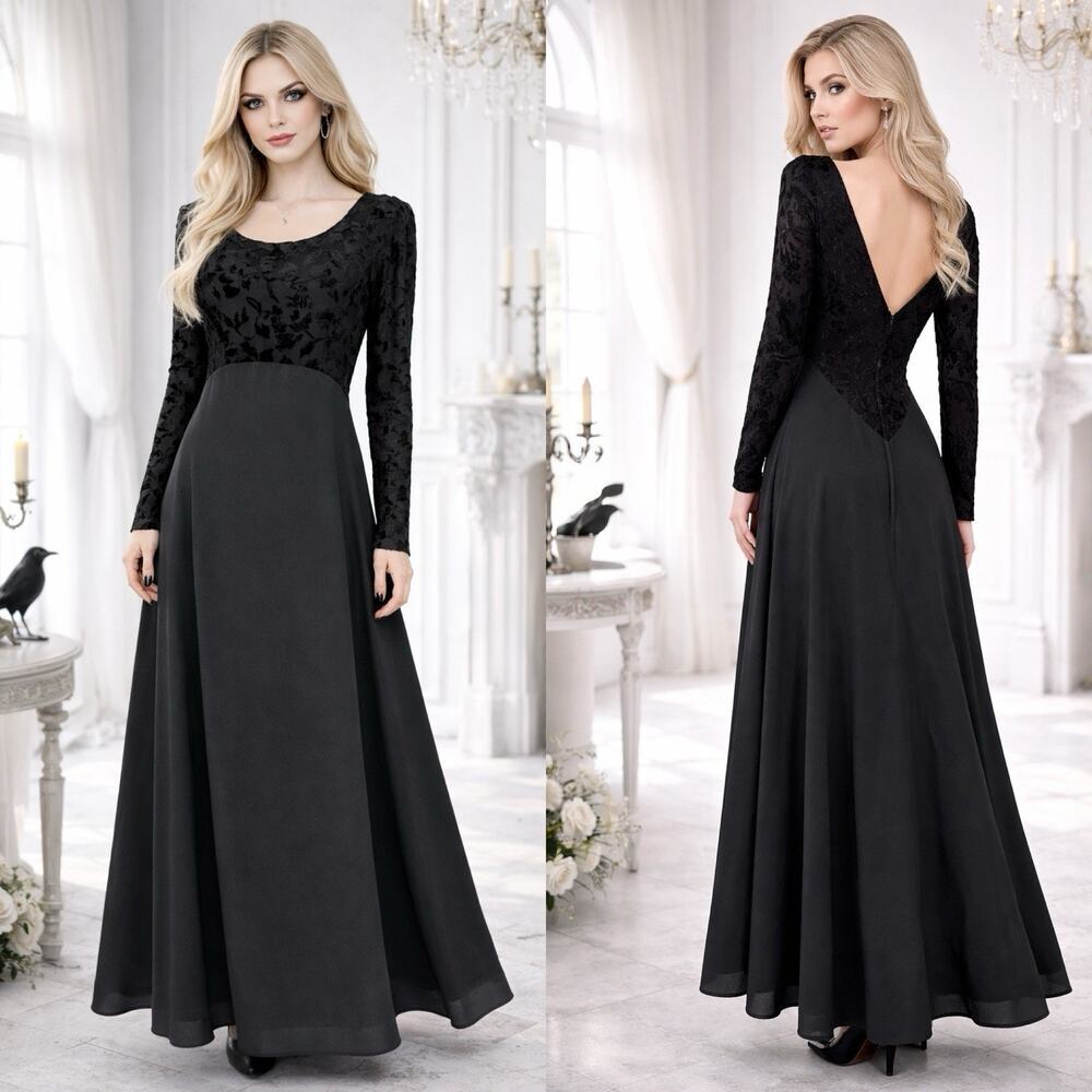 Alfred Angelo Black Floral Velvet Flocked Maxi Dress S Gothic Vintage Glam 90s
